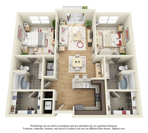 a 3 bedroom apartment floor plan is shown in this illustration